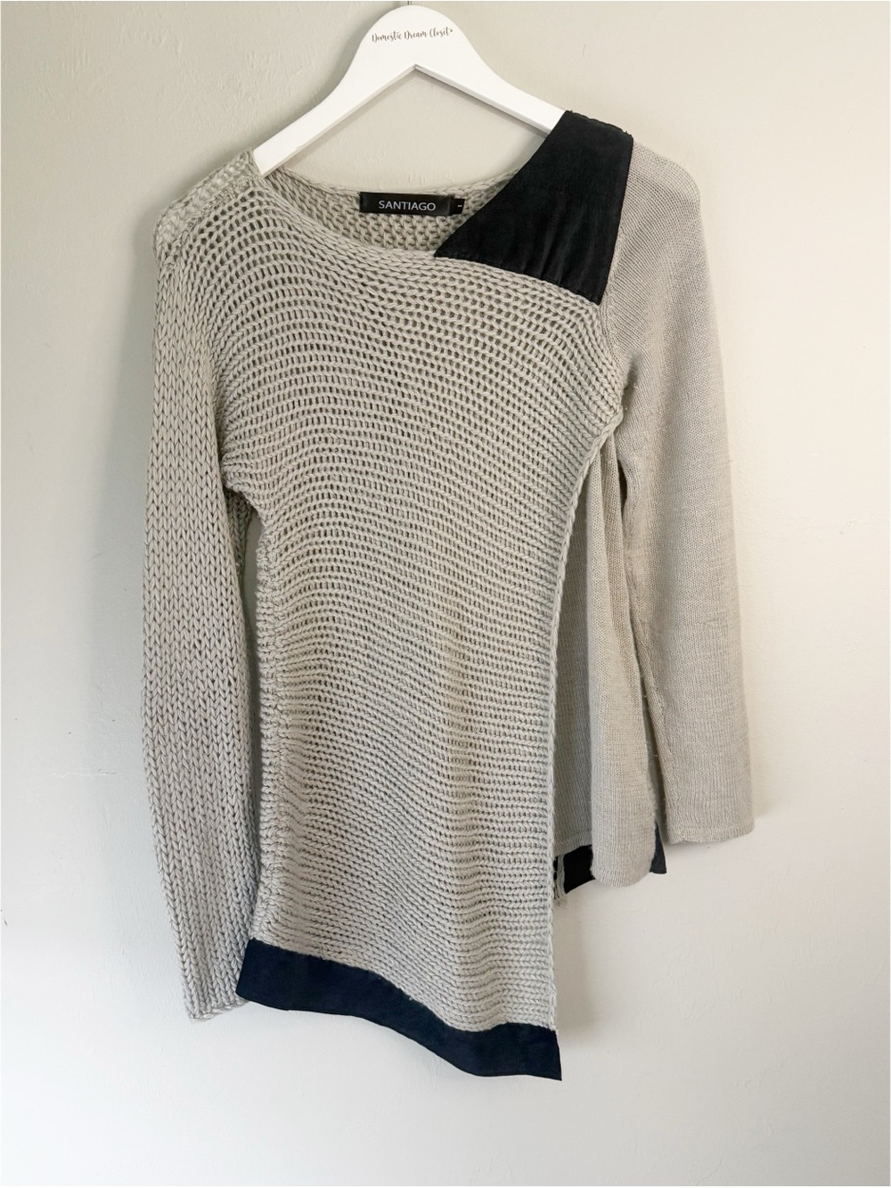SANTIAGO Women’s Gray Black Hand-Loomed & Leather Asymmetrical Sweater Size S